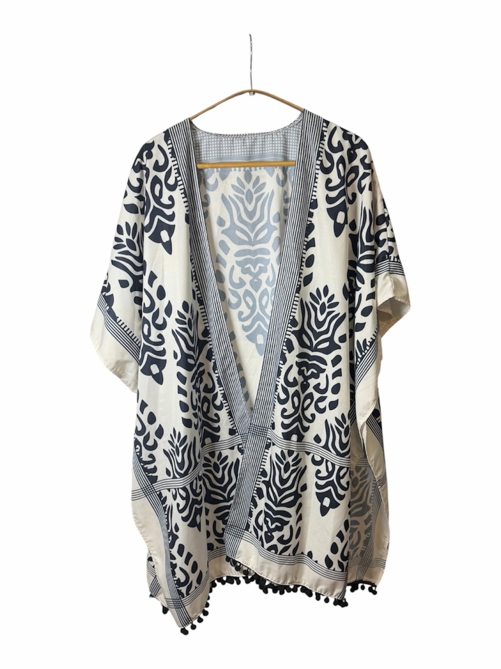 Women's Cream/Navy Print Kimono - Lightweight Cotton Blend. One Size.